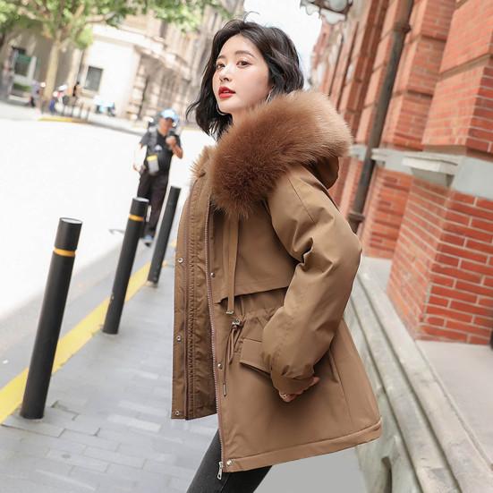 Women Padded Jacket Thickened Plush Lined Coat with Drawstring Waist Winter Warm Puffer