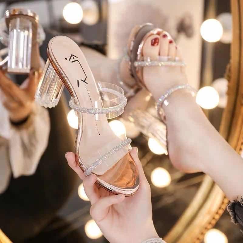 

Модные повседневные туфли на толстом каблуке для женщин 2024 года, летние элегантные уличные туфли на высоком каблуке, сандалии со стразами, сексуальная обувь для вечеринок 39 шампанского