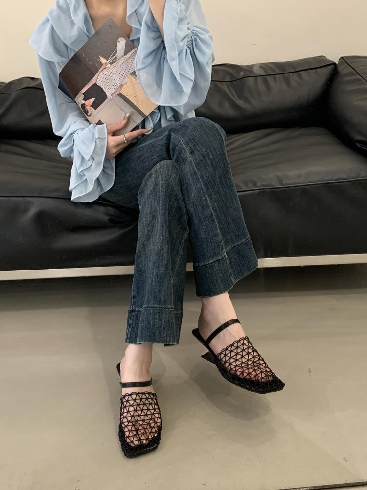 

Design sense niche fishing net slope heel bag head half slippers women s summer wear woven mesh hollow high heel cool slippers 34