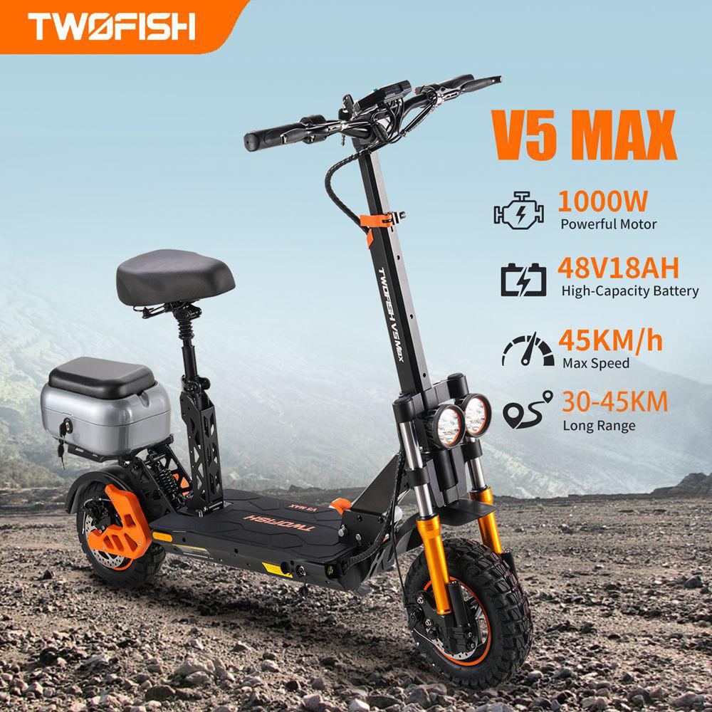 Twofish V5 Max Electric Scooter 11" Tire 1000W Peak Motor Urban Commuter E-scooter With Seat 48V 18AH Dual Disc Brakes Max Load 120Kg