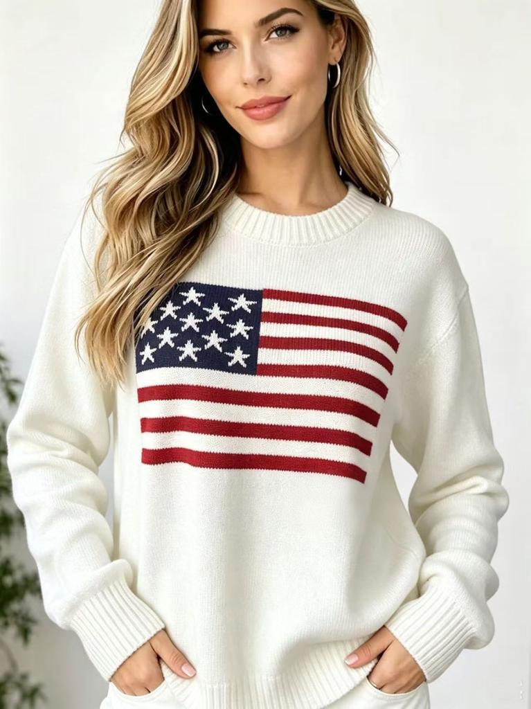 Spot Aesthetic Vintage Sweater Loose Flag Europe and America Easter Independence Day Amazon US Knitted Sweater