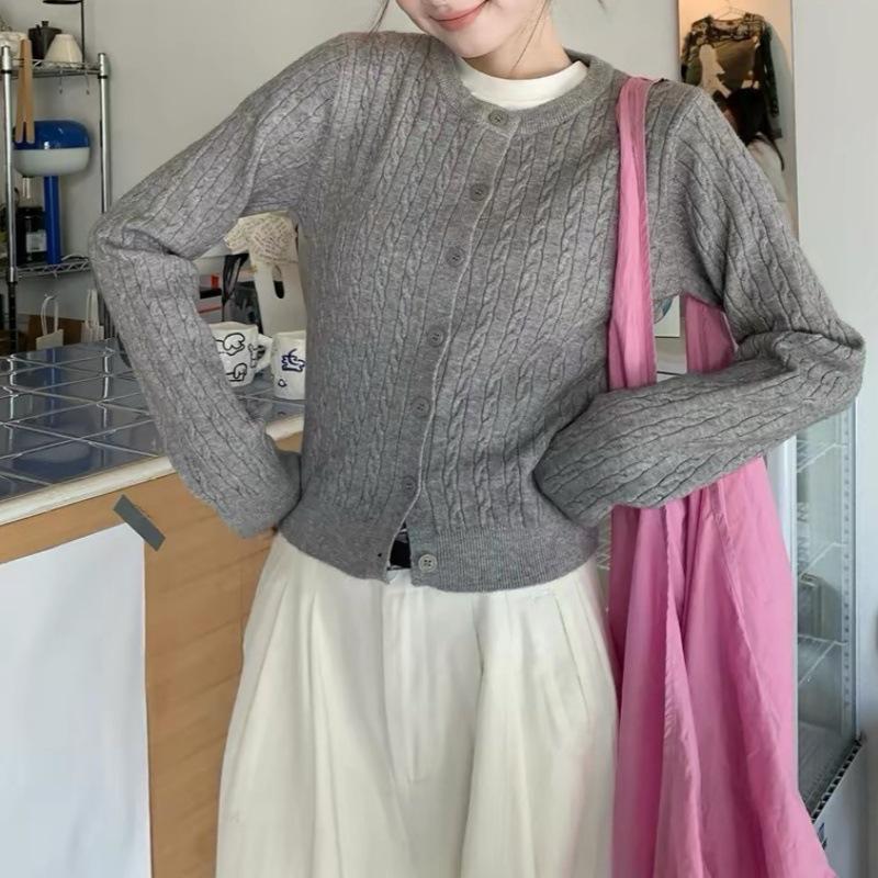 Women's Round Neck Cable Knit Cardigan - Autumn/Winter Versatile Sweater Coat