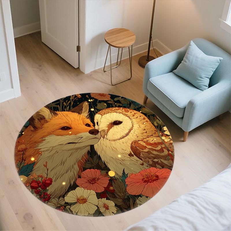 Owl and Fox,Round Area Rug,Carpet Rug for Living Room Bedroom Sofa Playroom Decor,Non-slip Floor Mat