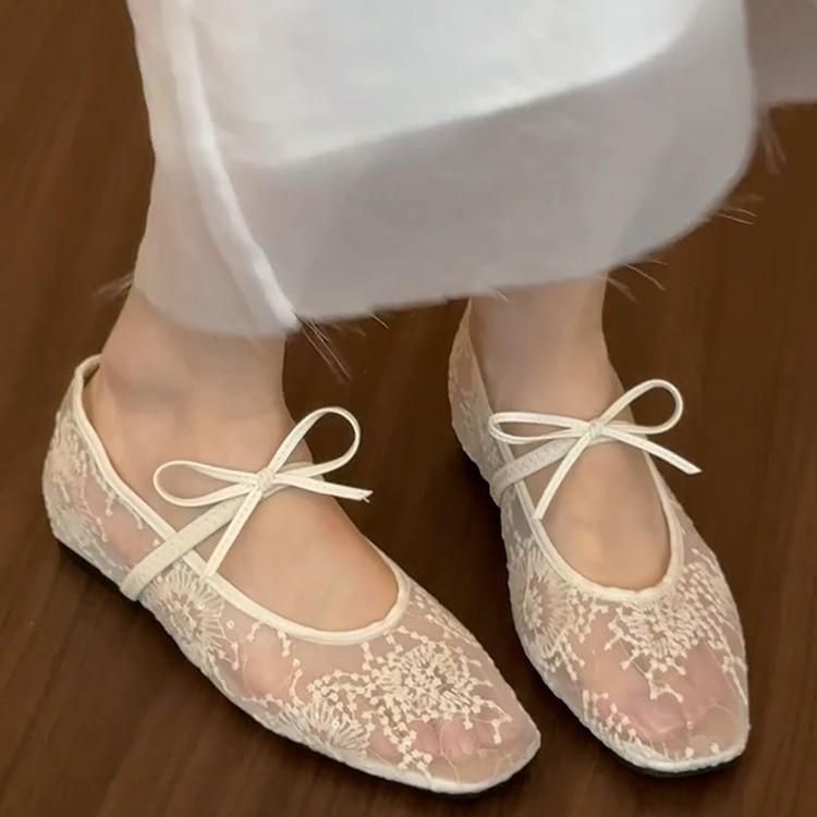 Sheepskin Version~ White French Inner Height-increasing Ballet Shoes for Women 2025 New Bow Mesh Flat-soled Single Shoes for Women