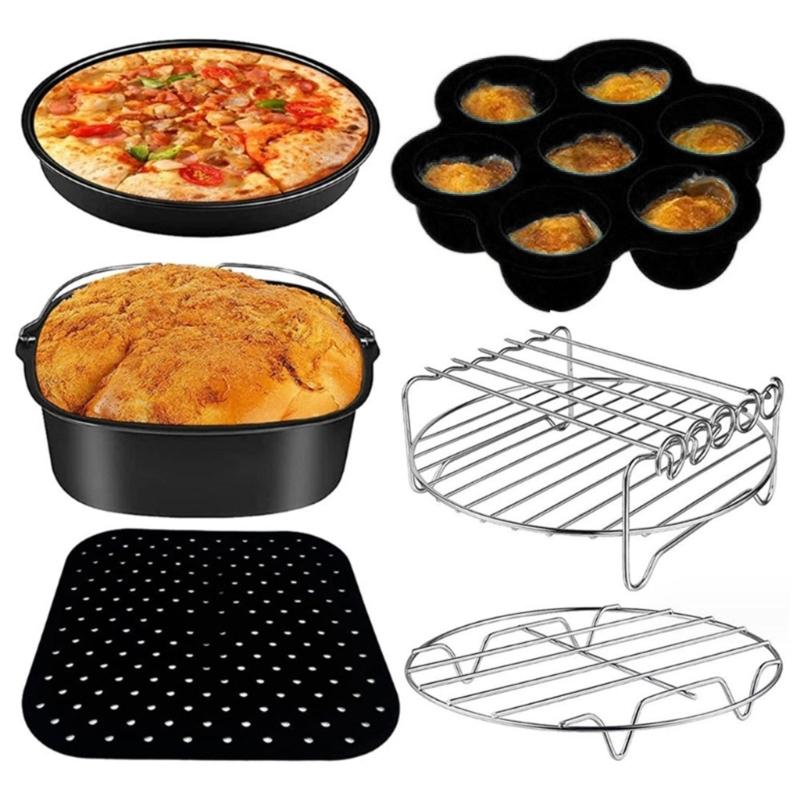 6Pcs Air Fryer Accessories Square Cake Bucket Utensils Mould Silicone Mat Cake Pan Pizza Pan Accessories for Air Fryer