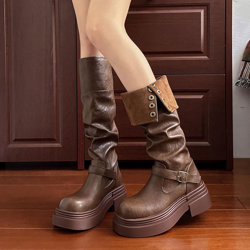 Brown Retro British Style Thick Soled Boots For Women  New Autumn And Winter Slimming Boots For Knights