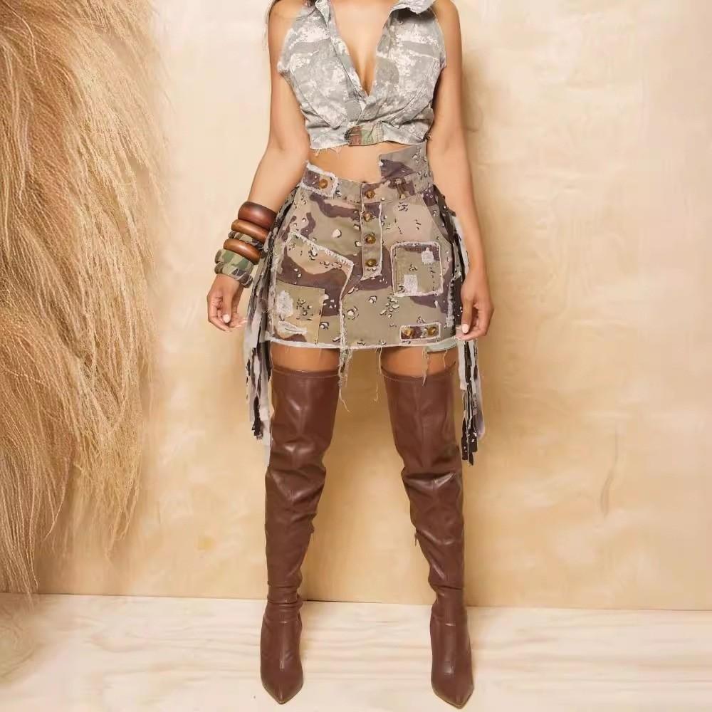 Falda Corta Para Mujer Verano Camuflaje Flecos Tela Vaquera Corte Ajustado Moda