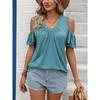 Spring Summer New Solid Color V-neck Off-shoulder Ruched Loose Short Sleeve T-shirt Top For Amazon Cross-border Trade