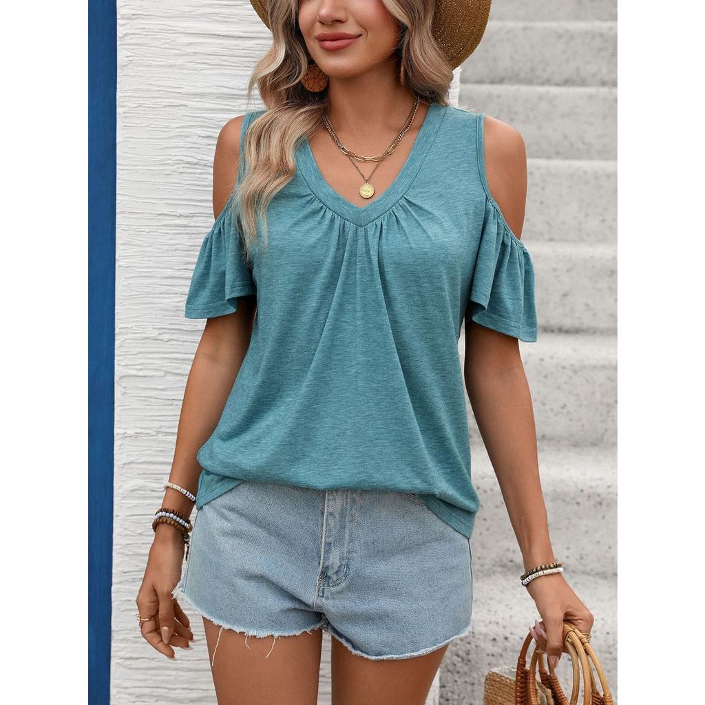 Spring Summer New Solid Color V-neck Off-shoulder Ruched Loose Short Sleeve T-shirt Top For Amazon Cross-border Trade