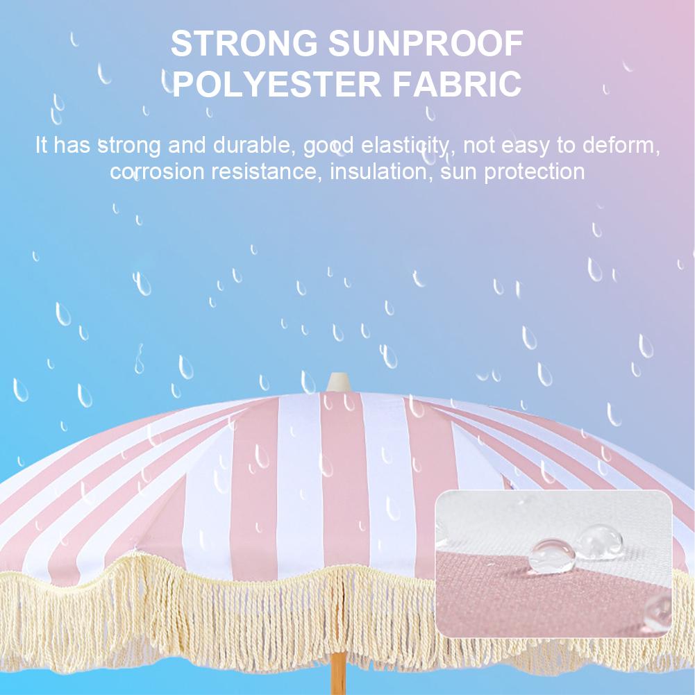 Striped Patio Bohemian Tassel Beach Umbrella Striped with Fringe UPF50+ Tilt Pole Portable Sunshade for Pool Garden Backyard