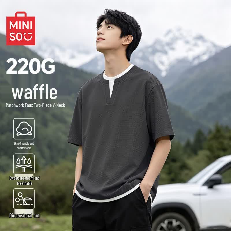 MINISO Men s Waffle Knit Faux Two-Piece Short Sleeve T-Shirt XL