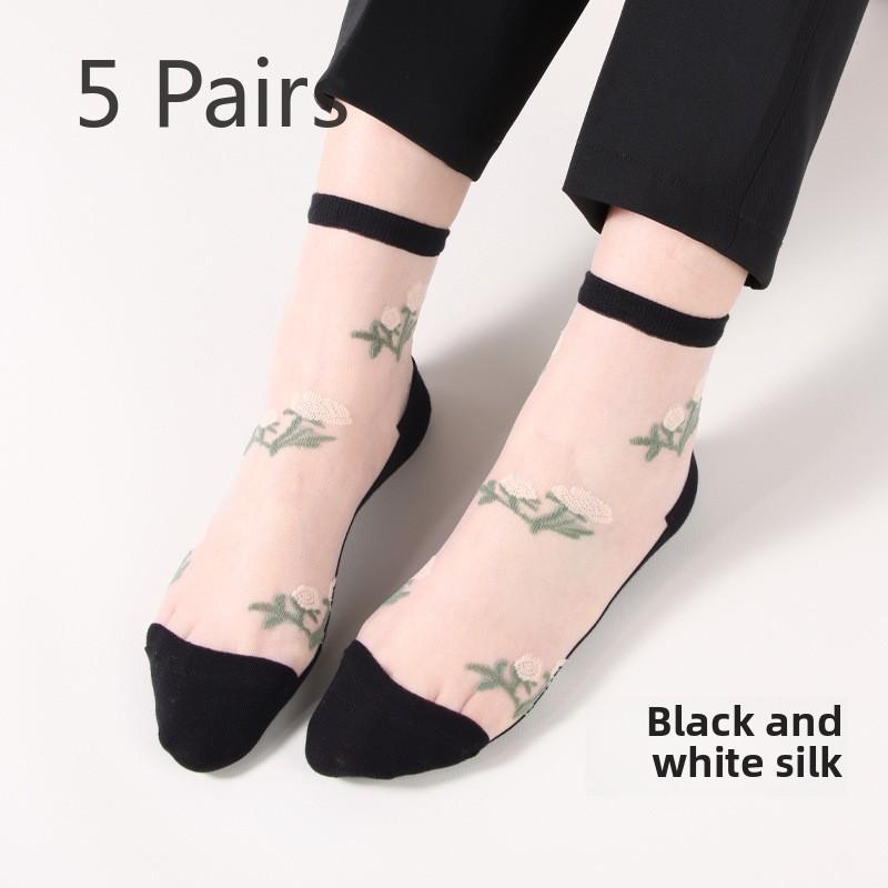 

5 пар женских носков весна-лето хрустальные чулки сладкие розовые стеклянные чулки хрустальные носки 5 Pairs белый/чёрный