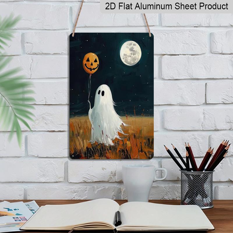 2D Flat Cute Ghost Holding Pumpkin Balloon Full Moon Vintage Metal Sign‑8.0x12.0inch Aluminum Wall Art, Farmhouse Halloween Porch Decor, Pre‑Drilled