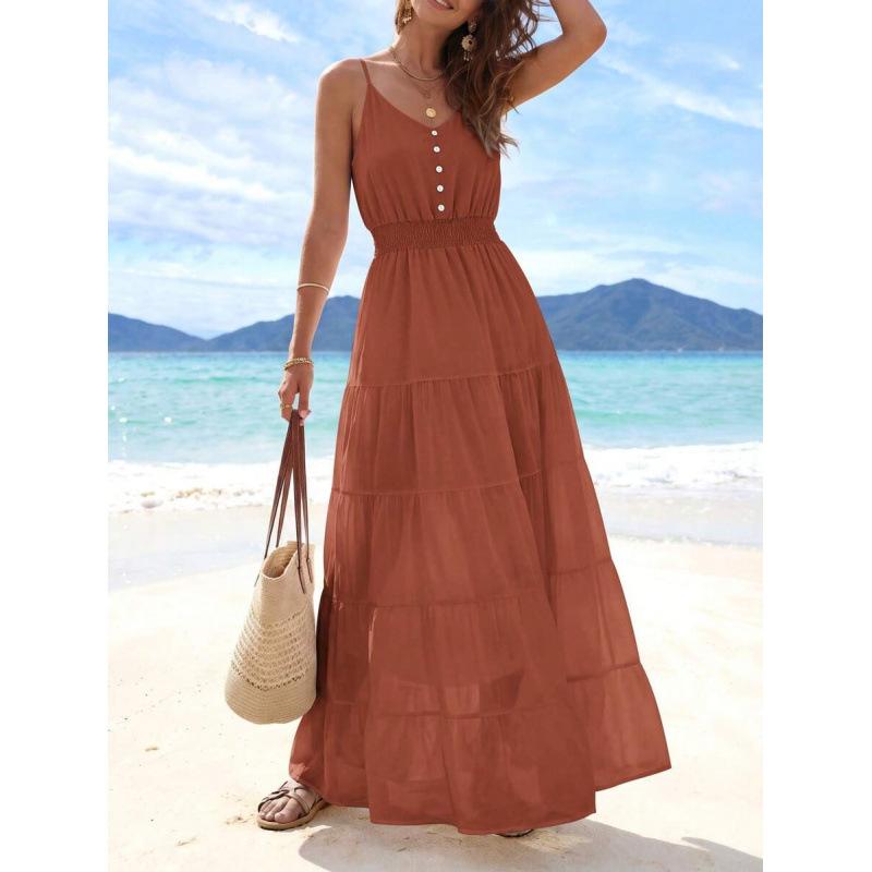Europe, America 2026 Summer New Simple High Waist and Thin Casual Beach Vacation Suspender Dress