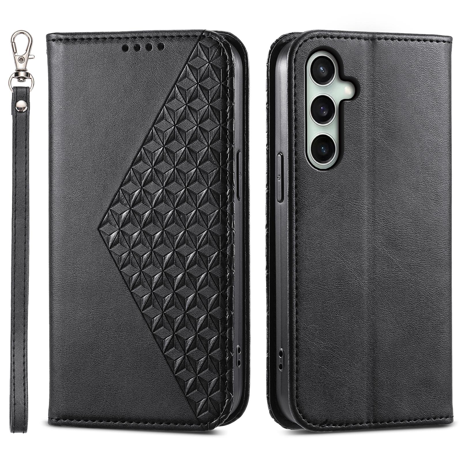 

For Samsung Galaxy S24 FE Wallet Case Calf Texture PU Leather Phone Cover with Strap Black