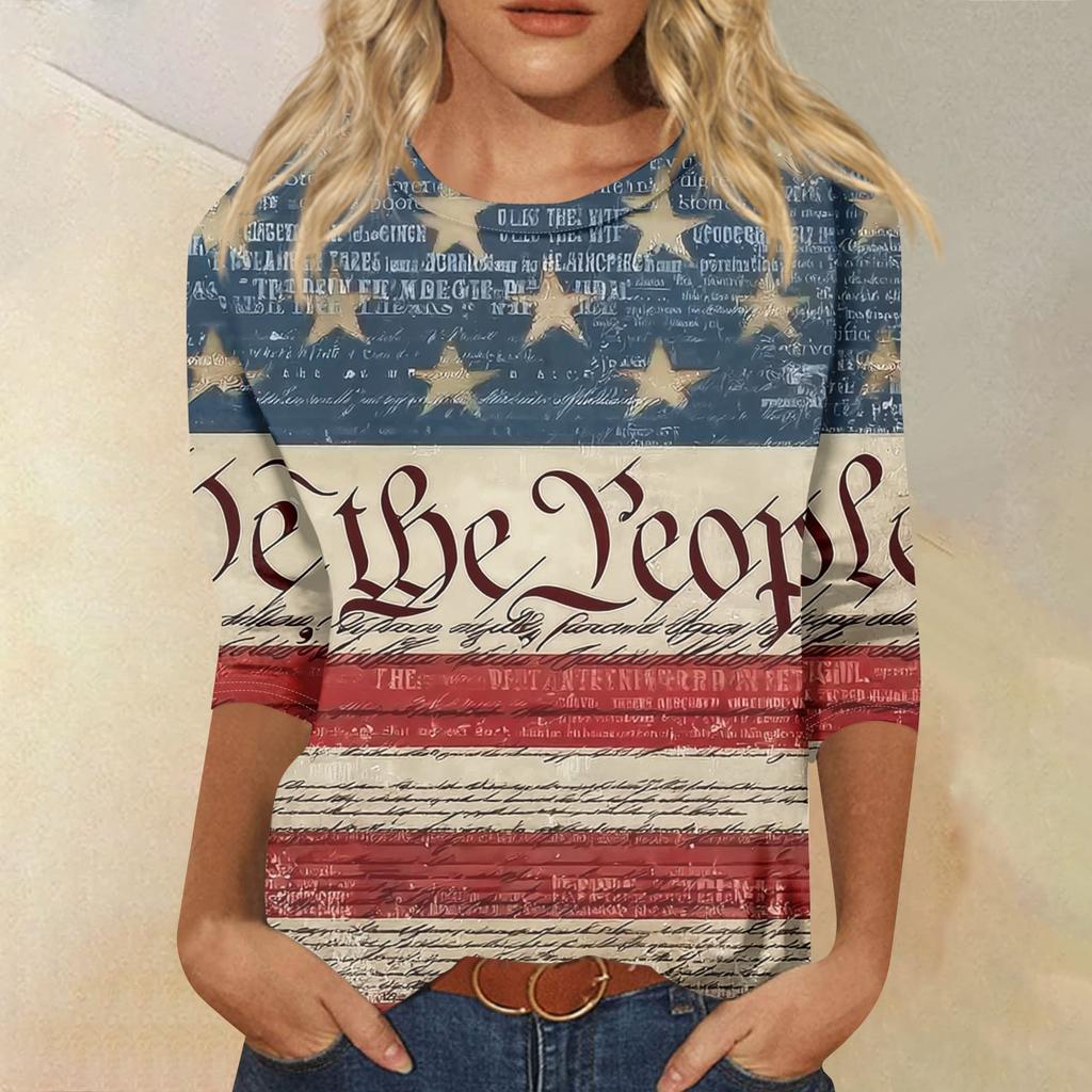 Damenmode Lässiges Oberteil mit Sieben-Viertel-Ärmeln, Unabhängigkeitstag-Print, Rundhalsausschnitt