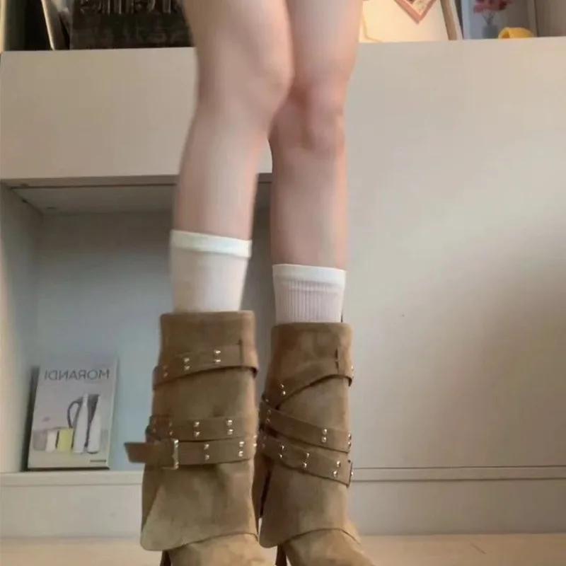 French Superior Feeling Pointed Toe Stiletto Heel Trouser Heel Boots Rivet Design Belt Buckle Women's Fashion Fashion Boots