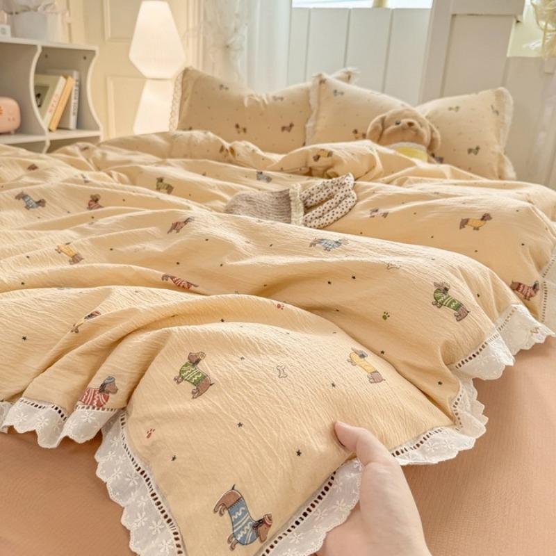 2026 New Hollow Lace Wrinkled Cotton Four-piece Set Household Student Dormitory Three-piece Set Bed Sheet Quilt Cover
