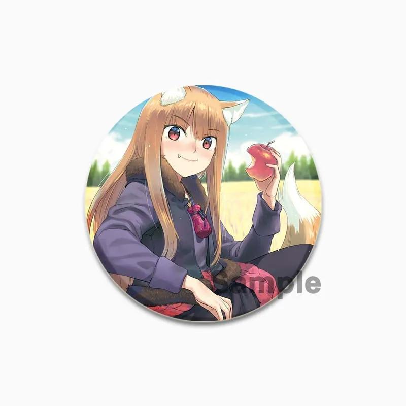 32/44/58mm 58mm Kurafuto Rorensu Horo Badge Cute Anime Wolf Brooches Handmade Platic Lapel Pin for Clothes Hat Backpack Jewelry Accessories