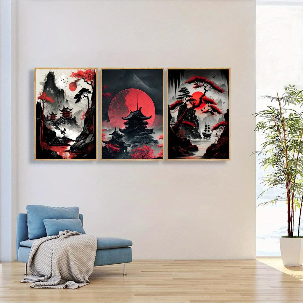 Landscape Canvas Painting Black And Red Posters Vintage Ink Art Wall Prints For Living Room Home 3pcs Frameless Japanese Natural