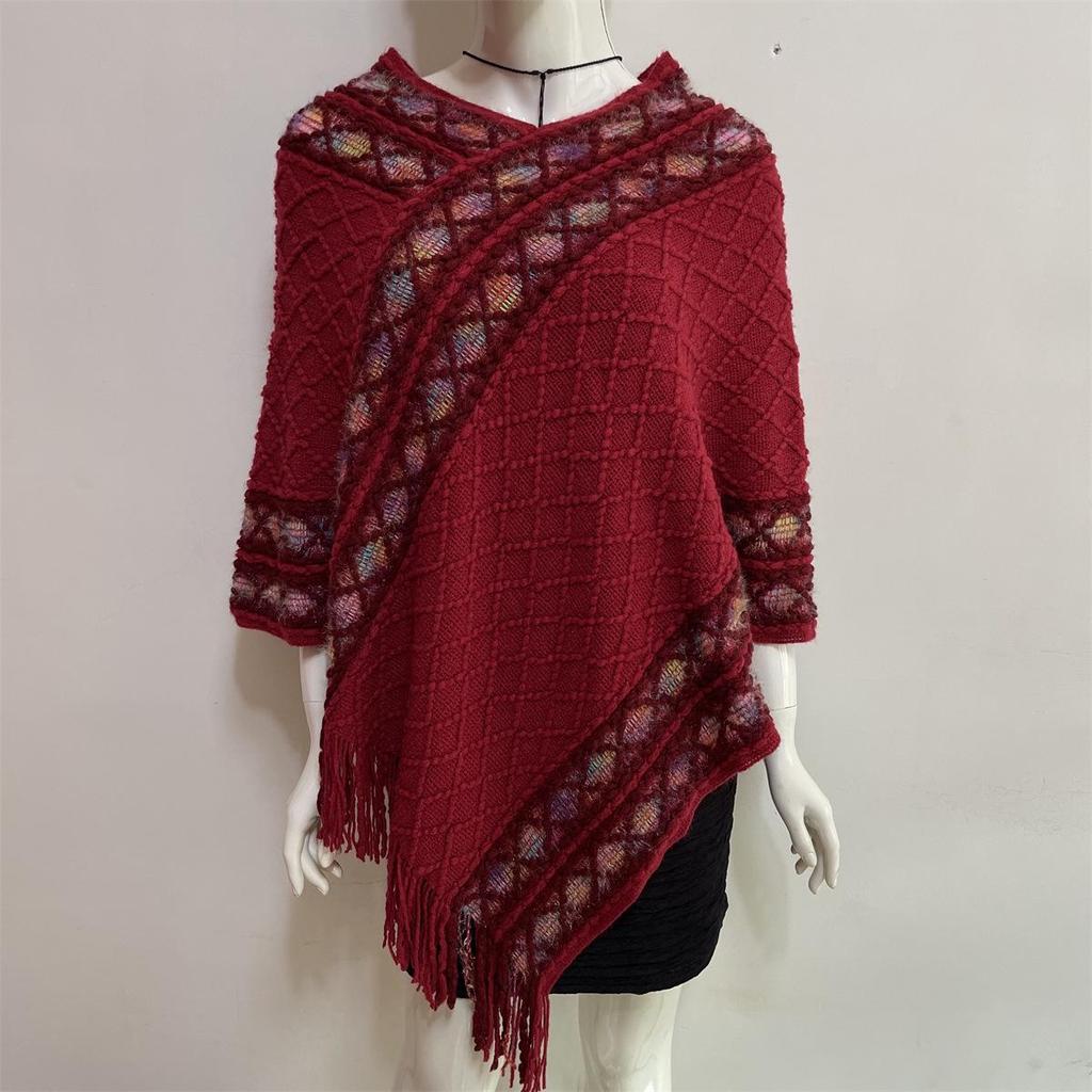 2022 Autumn/Winter Women's V-Neck Rainbow Tassel Cape Sweater