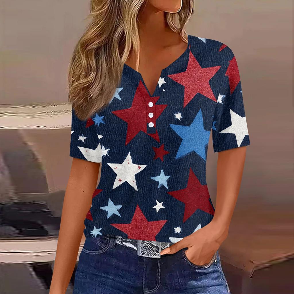 Women's T Shirt Independence Day Print Button Short Sleeve Daily Weekend Fashion Basic V- Neck Regular Top