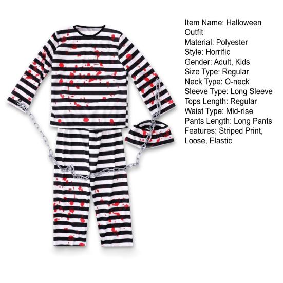 4Pcs/Set Halloween Outfit Adult Kid Prisoner Costume with Classic Robe Style Striped Print Role-Playing Tops Pants Hat Chain Set