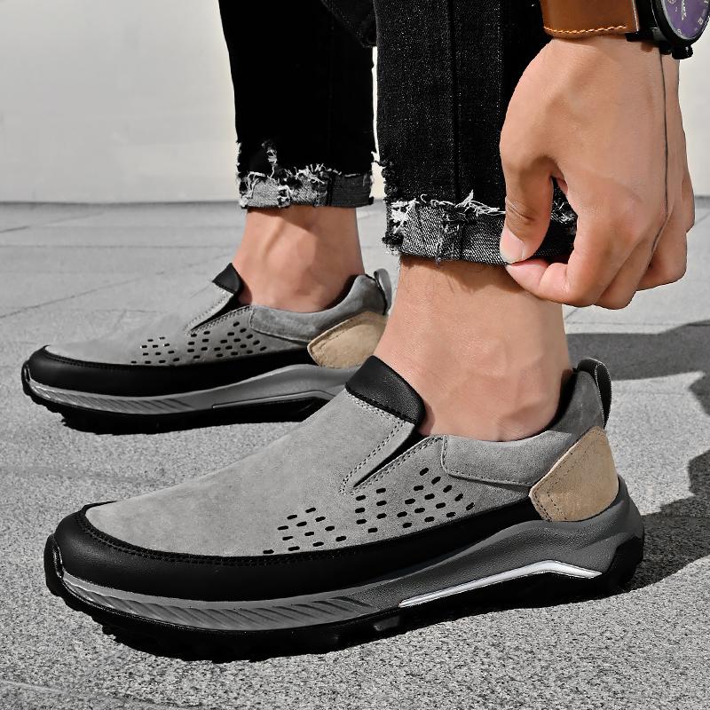 Men Breathable Casual Shoes Outdoor Plus Size Fashion Sneakers Lace-up Split Leather Comfortable Walking Sport Shoes