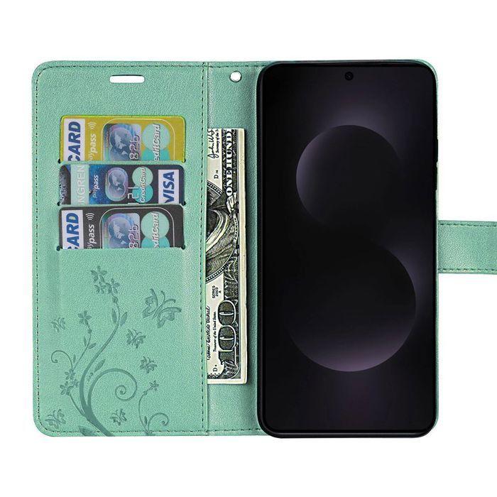 Protective Case - BOOLING - for Samsung Galaxy S25 Edge - Green Leather Effect Plant Pattern - 2 Tempered Glasses