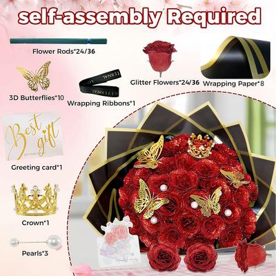 Glitterende Roségouden 3D Vlinderkroon met 24-36 Gouden Poeder Kunstrozen Boeket voor DIY & Halloween Knutselen