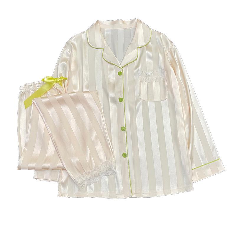 Striped Pajamas Women'S Imitation Silk Long-Sleeved Large-Size Wind Two-Piece Loungewear