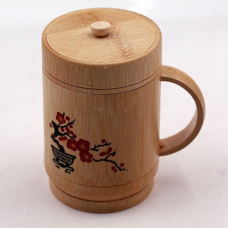 1Pc Handmade Bamboo Household Cup with Handle and Lid Printing