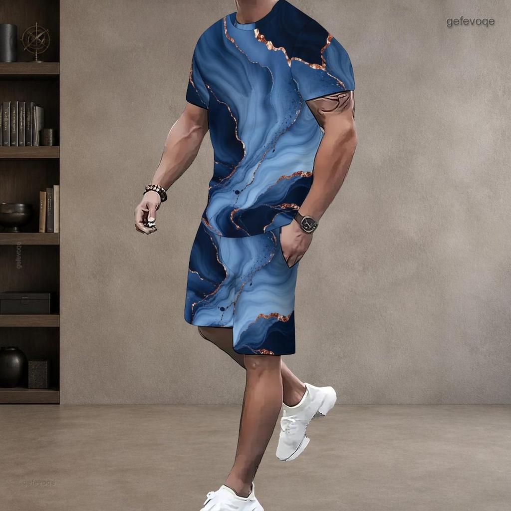Men Plus Size Round Neck Short Sleeve Cyan Colorful Striped Printed T Shirt And Pocket Shorts Two Piece Set
