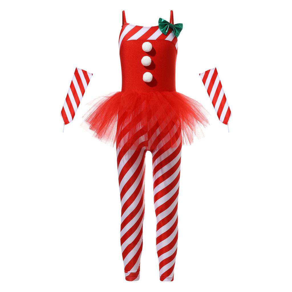 Girls Christmas Candy Cane Costume Sleeveless Striped Tulle Peplum Jumpsuit Santa Claus Dancewear Arm Sleeves
