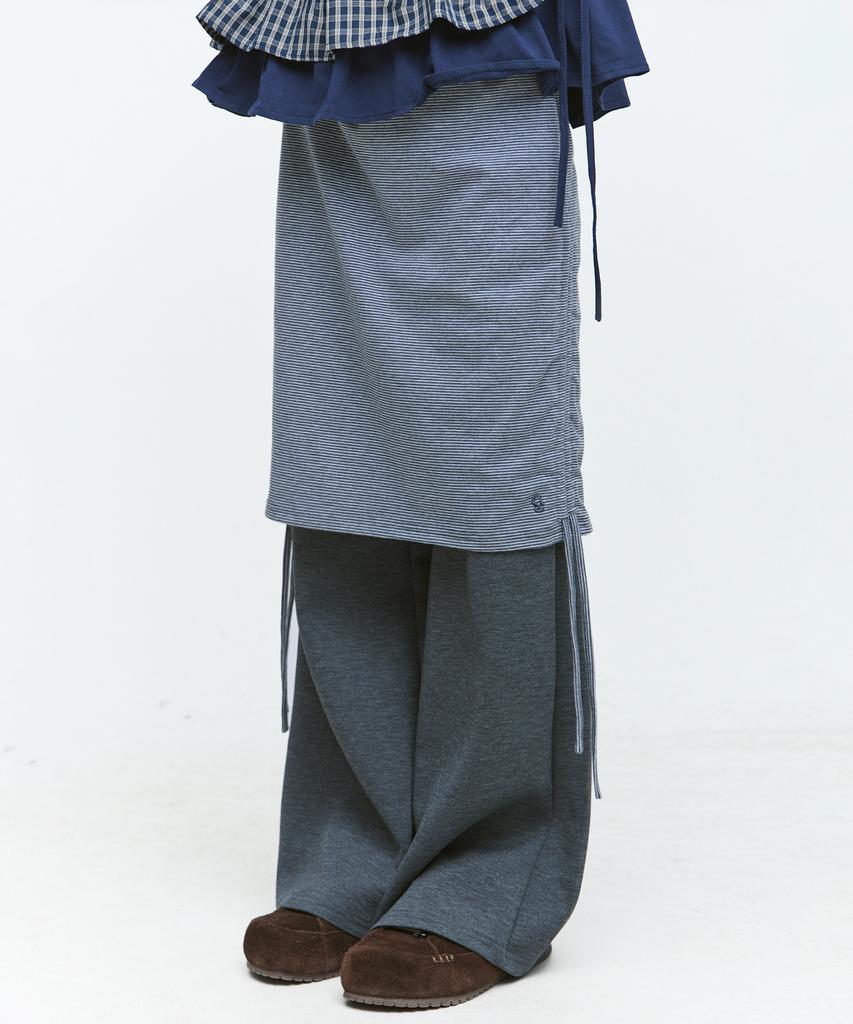 SOME PLACE Striped Color Block Shirred Strap Layered Midi Skirt Wide Pants Set [Charcoal]