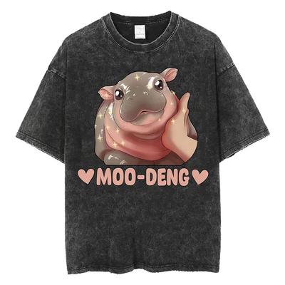 Urocze Hippo Moo Deng Rap Koszulka Vintage Prana Zabawne Koszulki Meme Męskie Damskie Moda Oversize Bawełniana Koszulka Streetwear