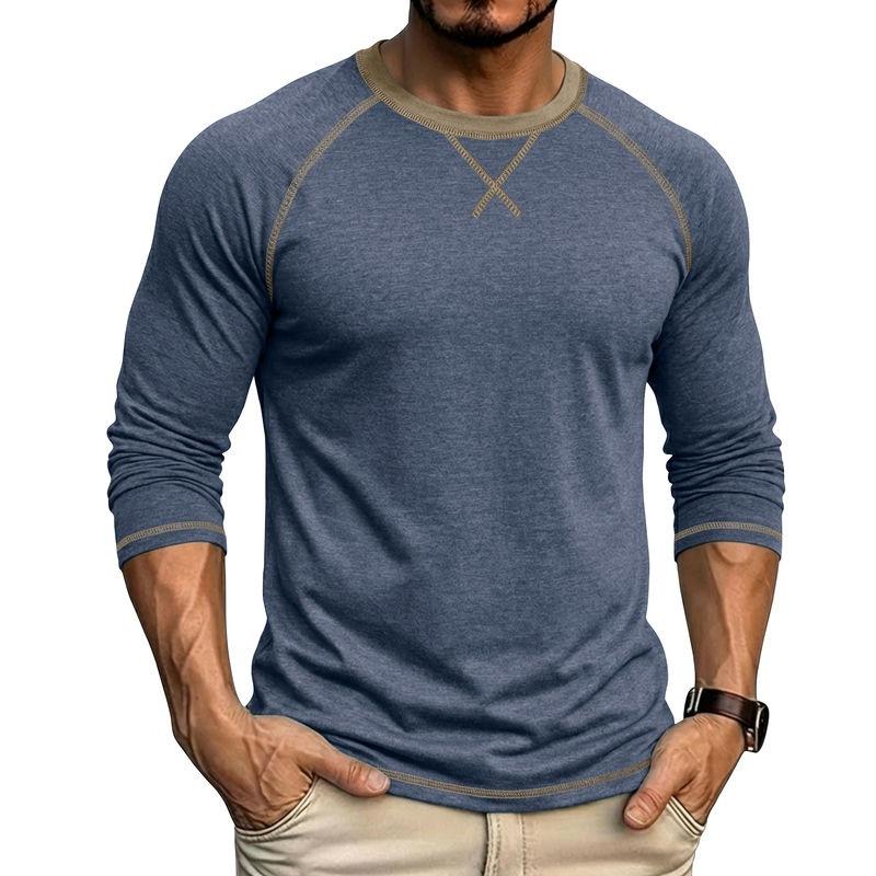 Mens Long Sleeve Round Neck Basic Color Block T Shirt