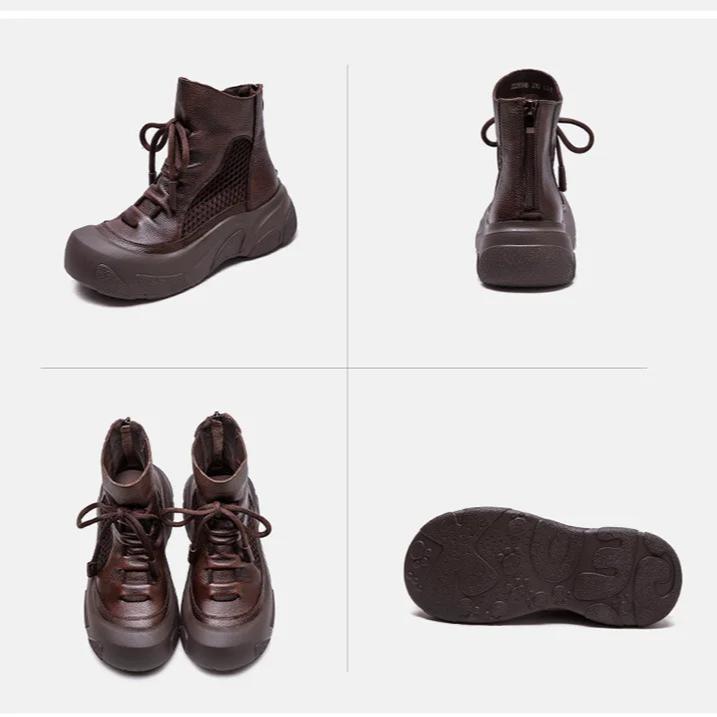 Johnature Cizme din piele naturală cu decupaje, retro, lucrate manual, cu vârf rotund, respirabile, pentru femei, cu talpă groasă