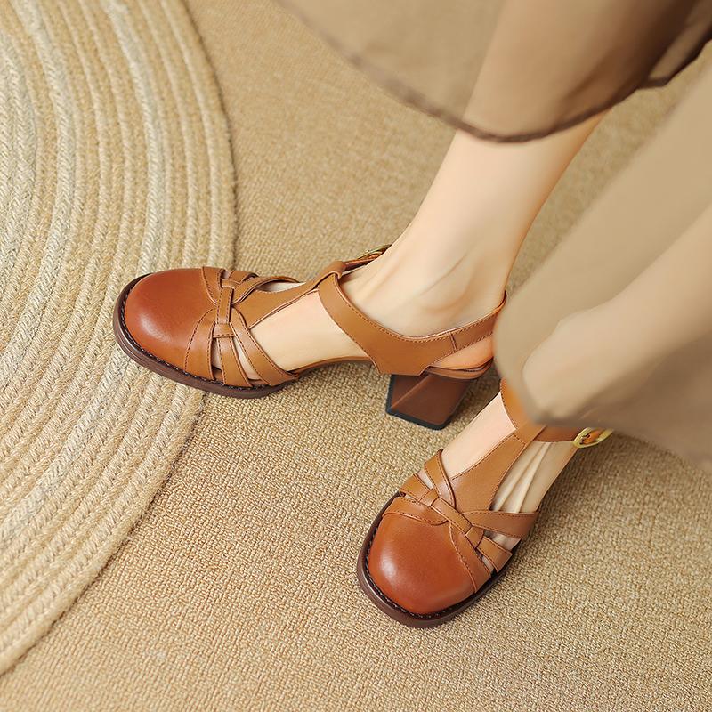 Modne Eleganckie Damskie Sandały na Obcasie z Zakrytymi Palcami Luksusowa Marka Skóra Naturalna Wysoki Obcas Blokowy Sandały Rzymskie Haftowane Czółenka Gladiator