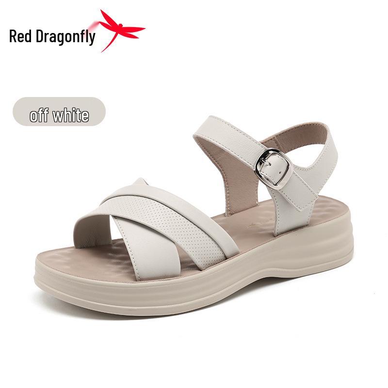 Red Dragonfly Women s Genuine Leather Sandals - Summer Thick Sole Cowhide Beach Slides 36