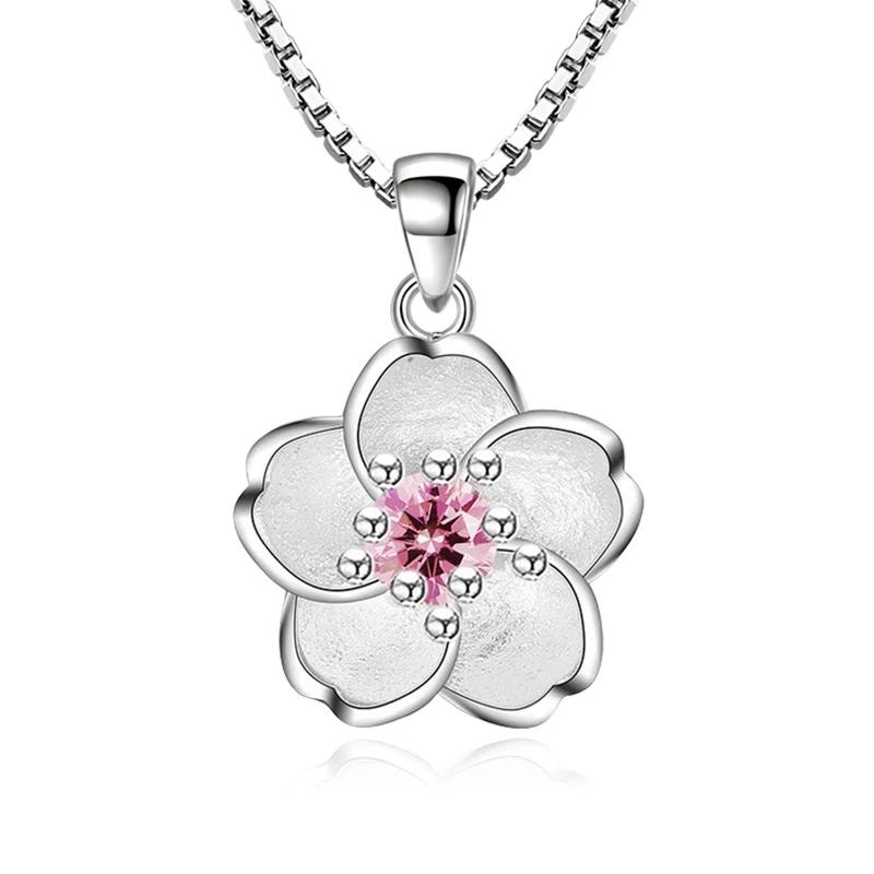 925 Sterling Silver Fashion Cherry Blossom Ladies Pendant Necklaces Female Chain Jewelry Charms for Jewelry Making