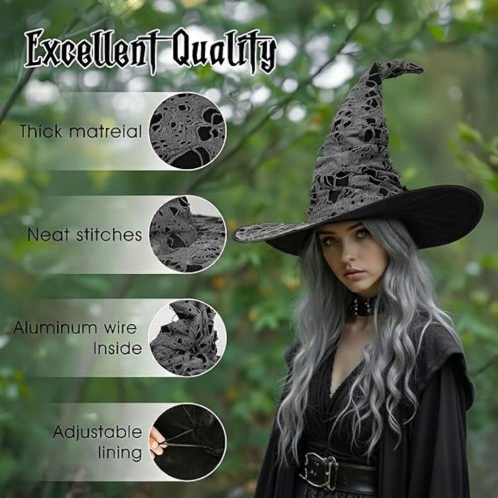 Large Wide Brim Ripped Tattered Witch Hat Tall Pointed Cone Top Pointed Mage Hat Halloween Party