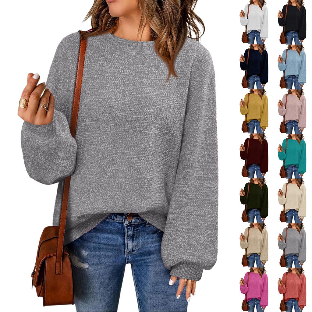 Women's Fashion Round Neck Pullover Sweater Casual Versatile Solid Color Knit Top