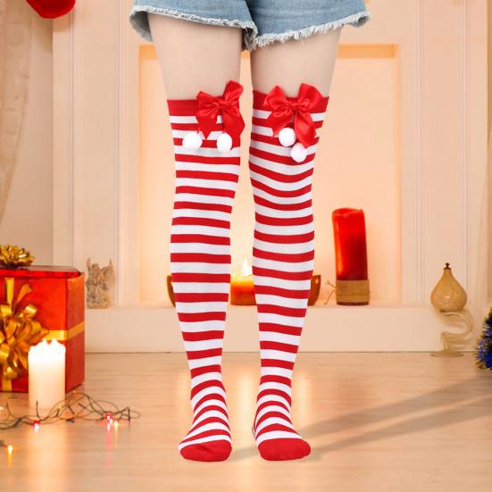 1 Pair Christmas Stockings Colorblock Striped Retro Bright Color Bow Decor Anti-slip Skinny Performances