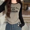 Designed contrasting letter print round neck long-sleeved T-shirt for women in early autumn with patchwork waist and short inner-layer top