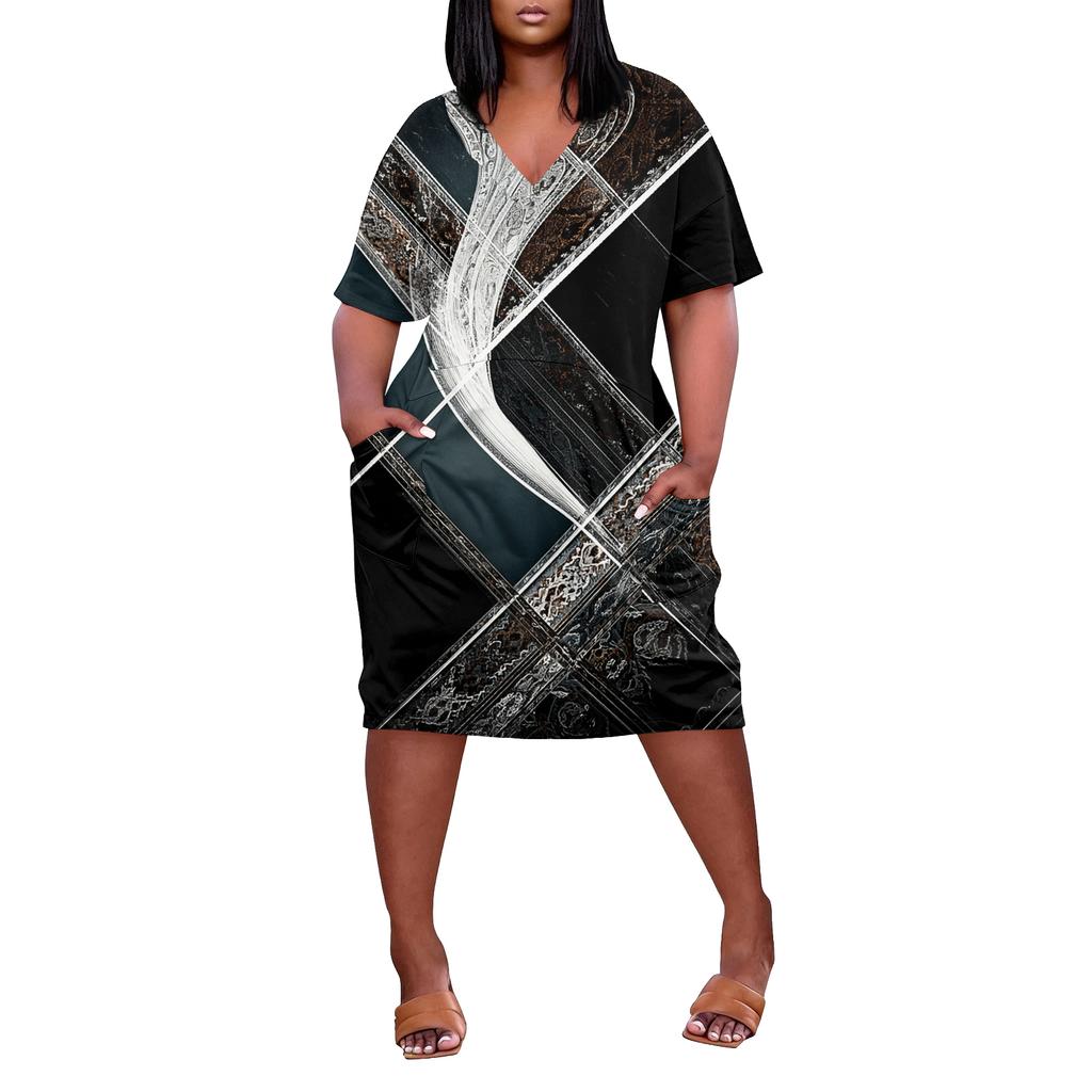 Letní nadměrné velikosti V výstřih krátký rukáv ke kolenům kapsa potisk ležérní šaty pro ženy