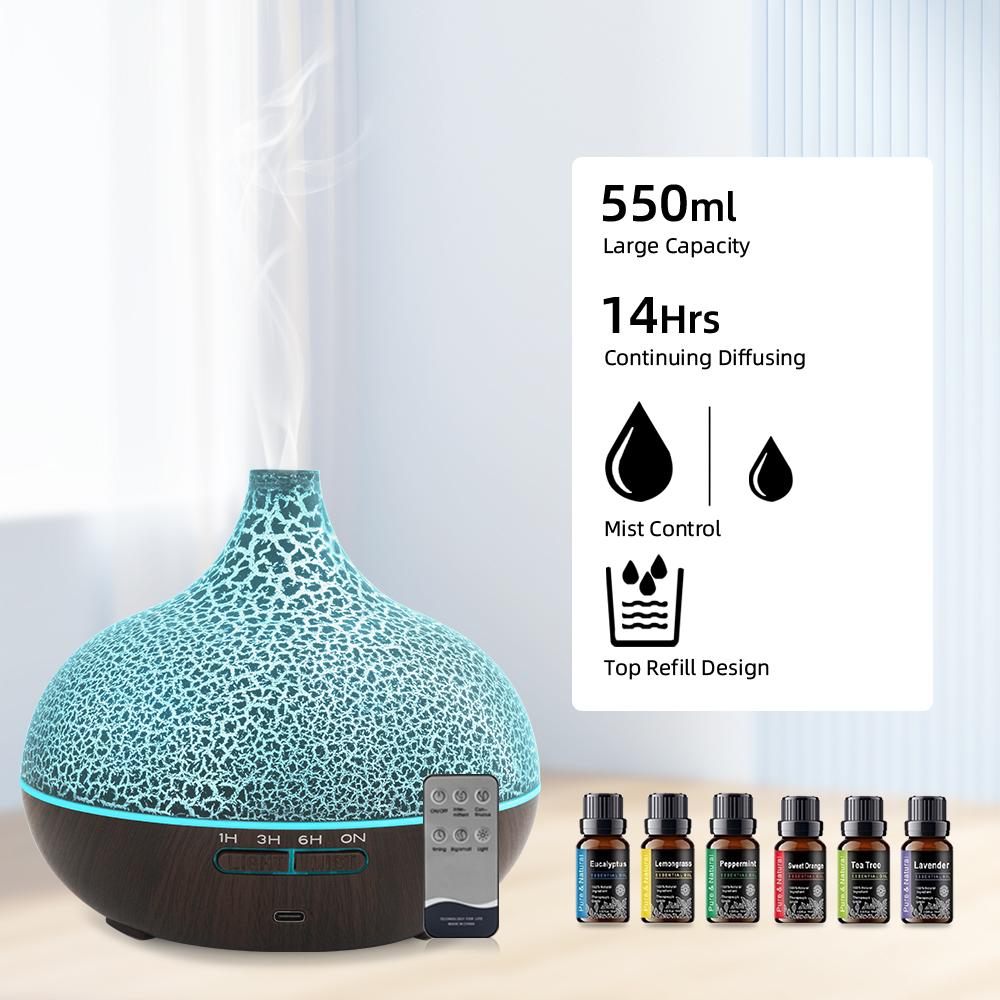550ml Ätherischer Öl Diffusor Rissdesign Ultraschall Kaltnebel Luftbefeuchter mit Fernbedienung, Automatische Abschaltung für Nachtschlaf & Heimdeko