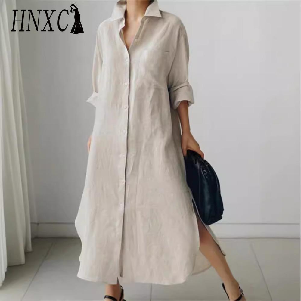 

HNXC Женское повседневное свободное платье-рубашка с отложным воротником и длинными рукавами XL бежевый