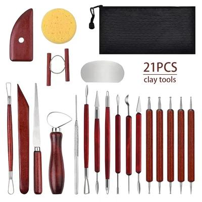 21 Pcs Pottery Sculpting Tools Set Clay Sculpture Carving Knife Modeling Tools Wax Carving Sculpt Tool Red Wooden Pole Pottery