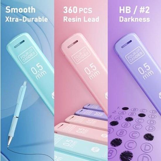 Four Candies Pastel Sharp Pencil Set Cute Colors 0.5mm 3 Pieces Mechanical 360 HB Replacement Leads Eraser Included Drawing Writing Easy Use Middle